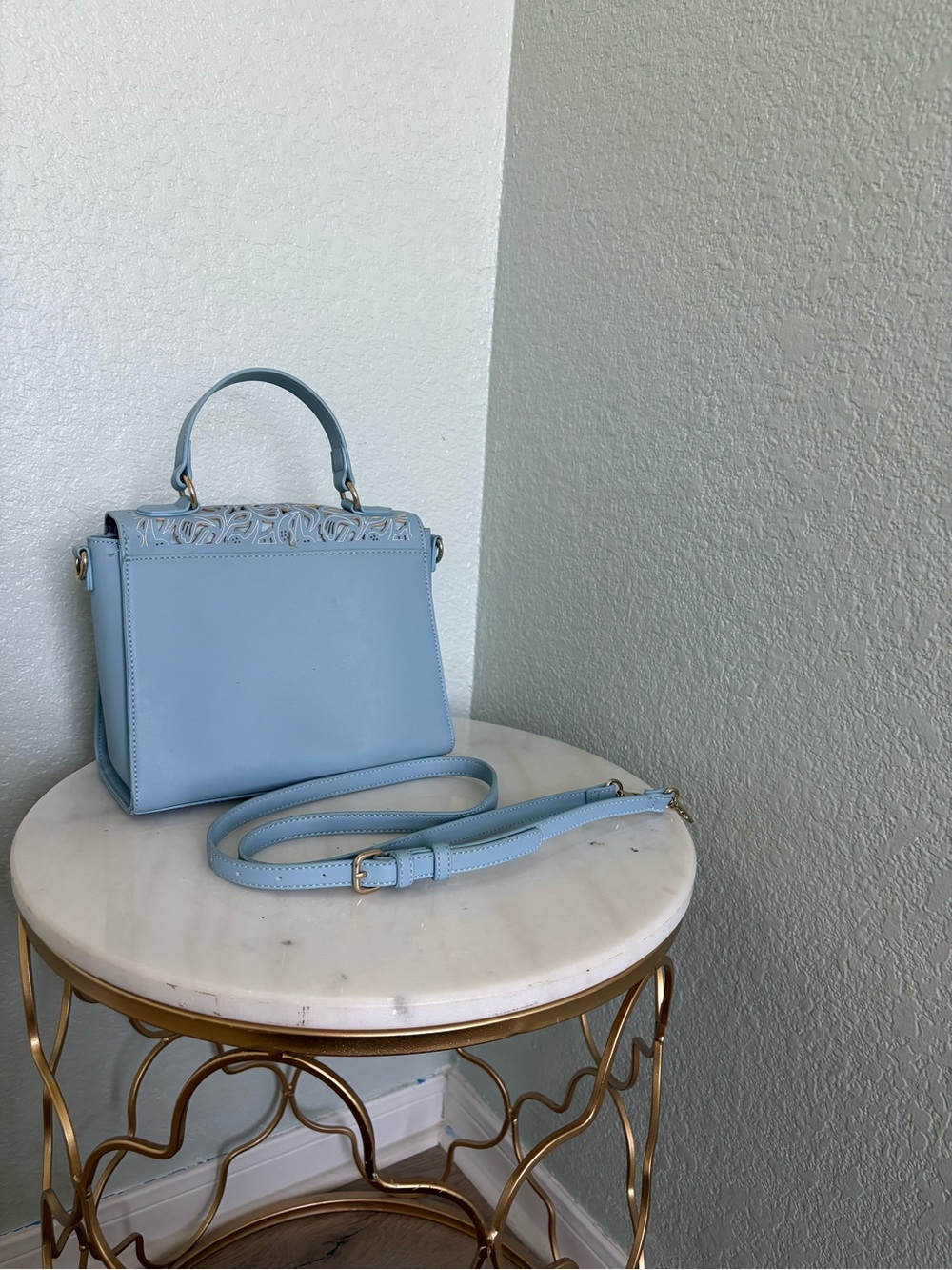 Draper James Sky Blue Laser-Cut Top Handle Crossbody - Picture 4 of 5
